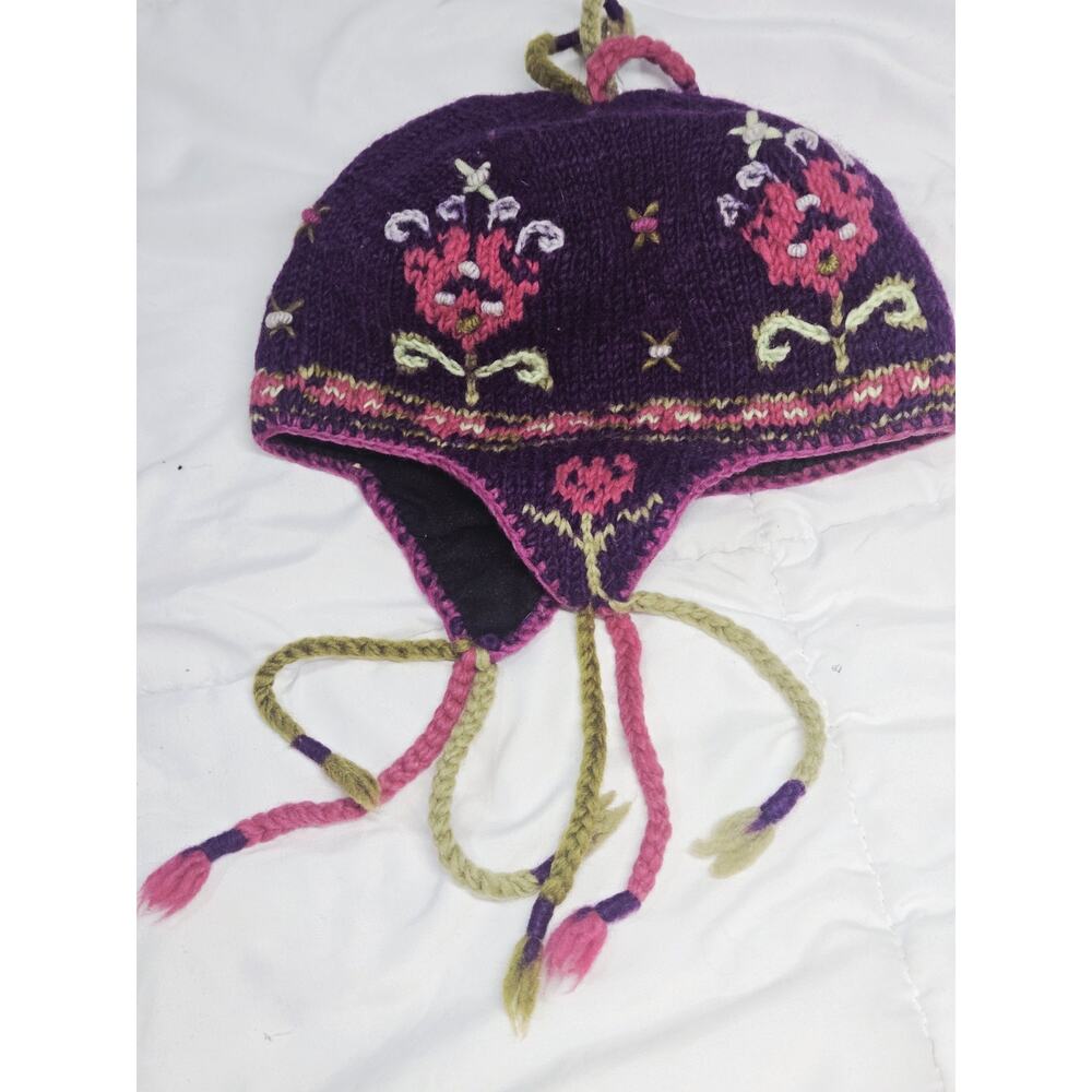 Vtg 90's Lost Horizons 100% Wool Nepal Beanie Ear Flaps Flowers Embroidered Y2K